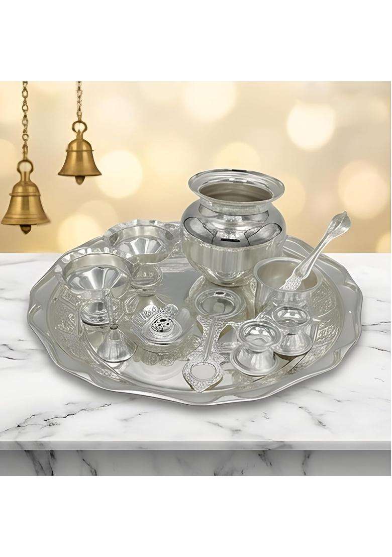 Bleaf Silver Plated Grand Pooja Set 11 Pcs Set Thali 35 CM - Indya