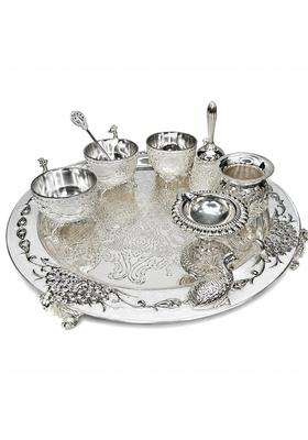 German Silver Peacock Puja Thali Set