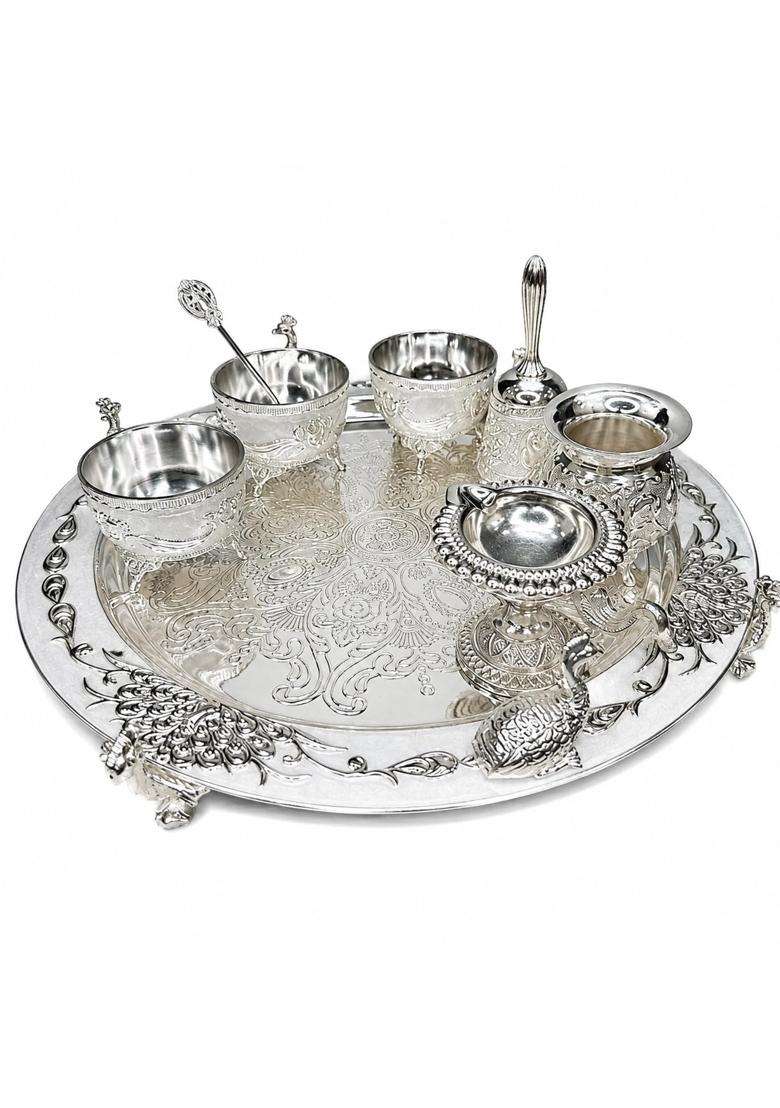 German Silver Peacock Puja Thali Set - Indya
