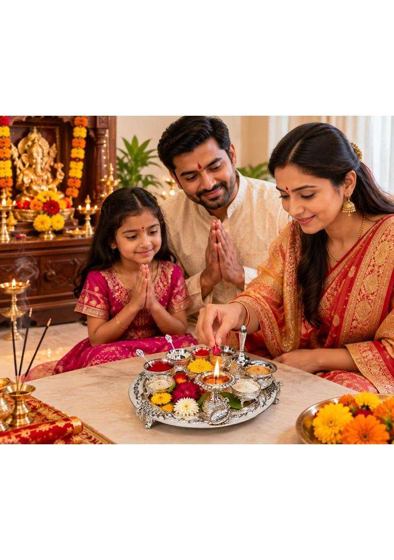 German Silver Peacock Puja Thali Set - Indya