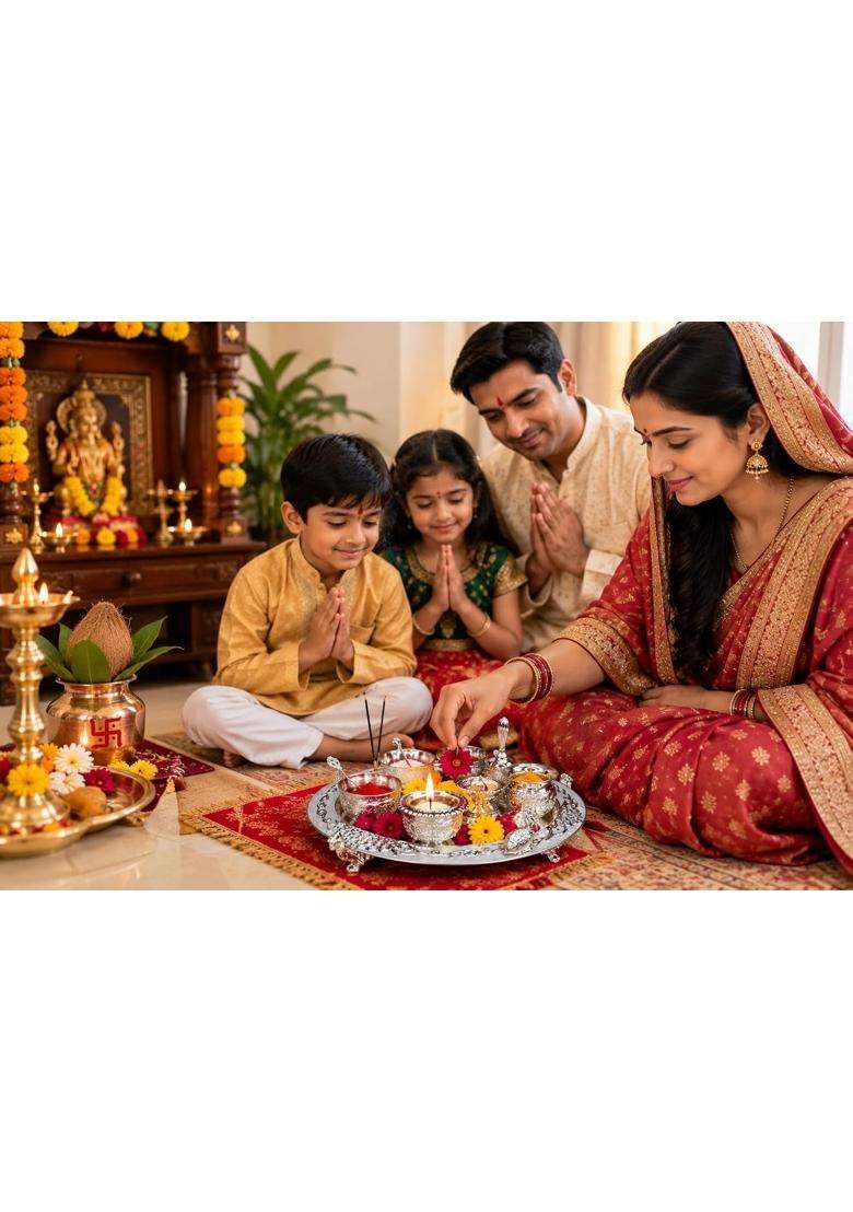 German Silver Peacock Puja Thali Set - Indya