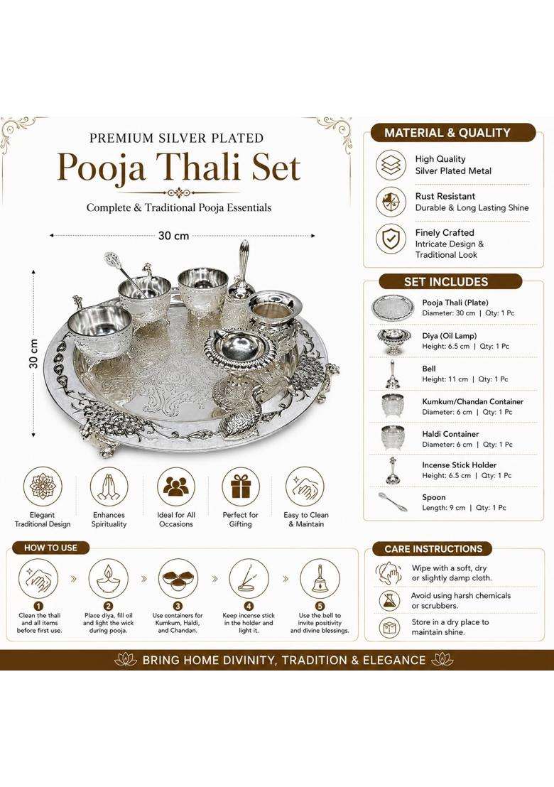 German Silver Peacock Puja Thali Set - Indya