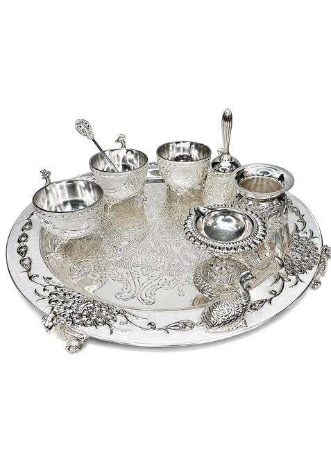 German Silver Peacock Puja Thali Set