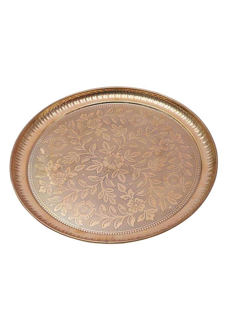 Two Moustaches 12 Inches Flowers Carved Brass Puja Thali Pooja Aarti Thali for Home Temple Pack of 1 - Indya