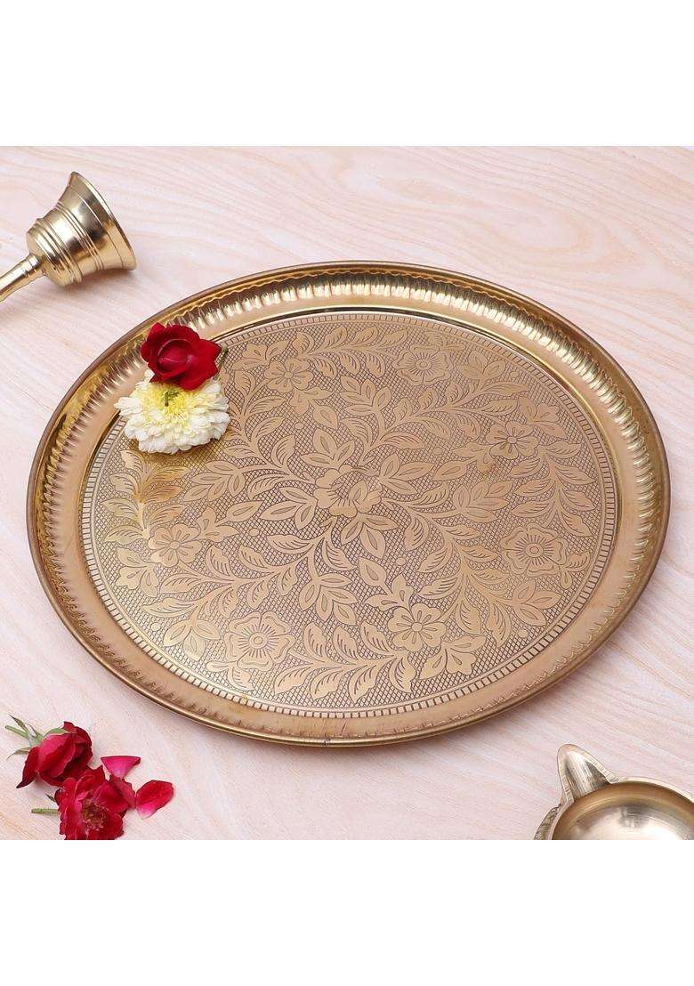 Two Moustaches 12 Inches Flowers Carved Brass Puja Thali Pooja Aarti Thali for Home Temple Pack of 1 - Indya