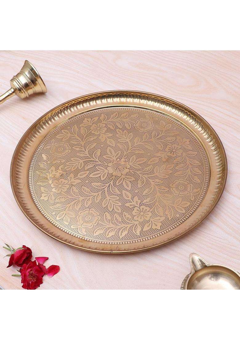 Two Moustaches 12 Inches Flowers Carved Brass Puja Thali Pooja Aarti Thali for Home Temple Pack of 1 - Indya
