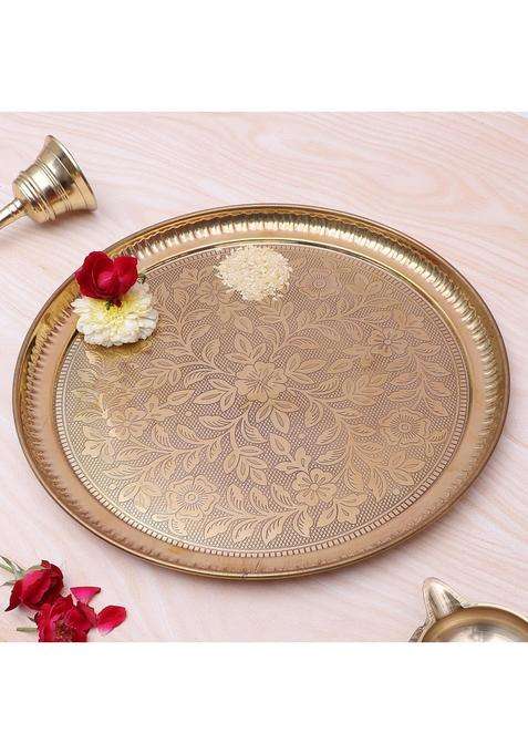 Two Moustaches 12 Inches Flowers Carved Brass Puja Thali Pooja Aarti Thali for Home Temple Pack of 1
