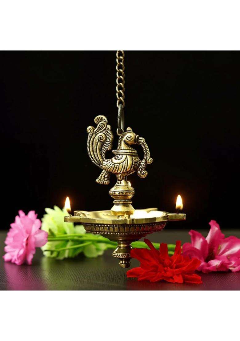 Puyangam Brass Beautiful Peacock Hanging Lamp for Pooja Room Diwali Gifting House Warming Pack of 1 - Indya