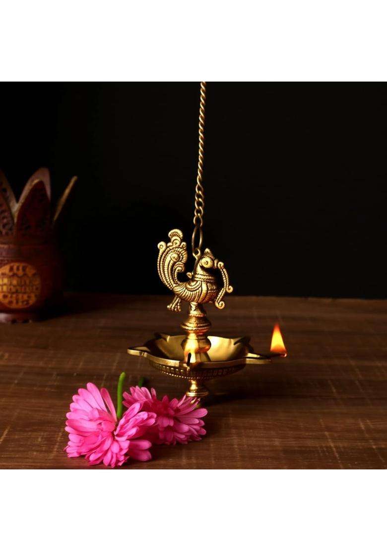 Puyangam Brass Beautiful Peacock Hanging Lamp for Pooja Room Diwali Gifting House Warming Pack of 1 - Indya