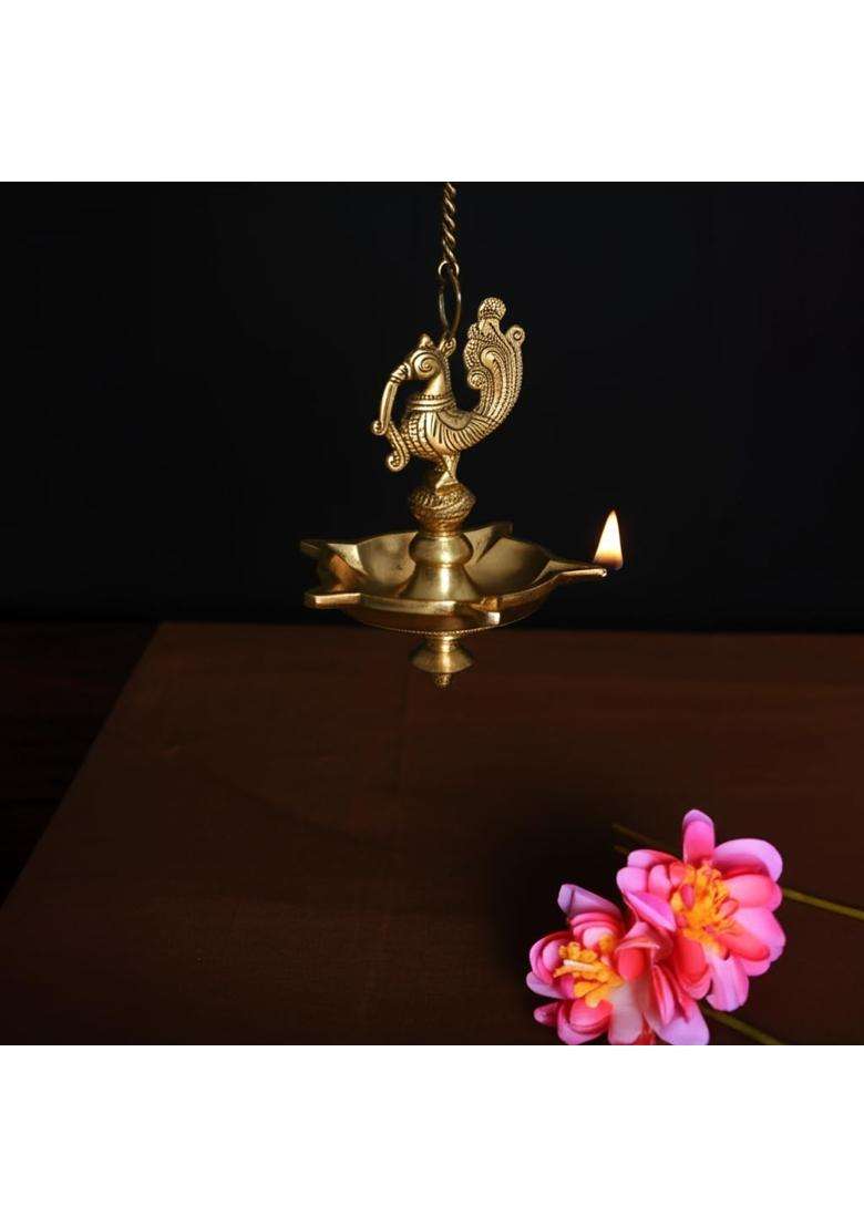 Puyangam Brass Beautiful Peacock Hanging Lamp for Pooja Room Diwali Gifting House Warming Pack of 1 - Indya