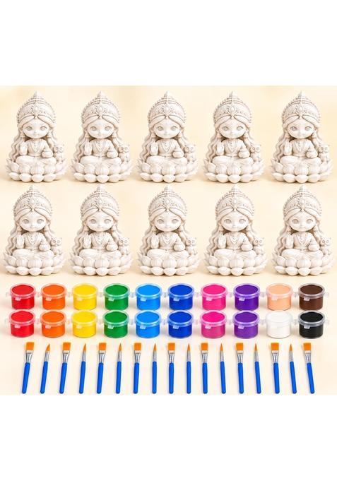 Sangu Brand Handmade Concrete Mini Maa Lakshmi DIY Painting Kit with 6 Colours and 1 Brush Pack of 10