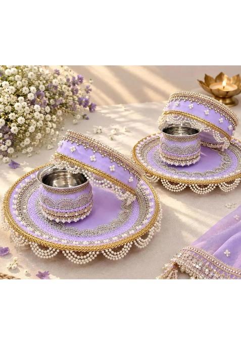 Meeras Collection Handcrafted Lavender Pearl and Silver Lace Karwa Chauth Thali Set
