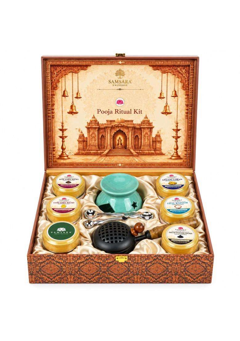 Samsara Multicolor Pooja Gift Hamper Puja Samagri Kit with Camphor Loban and Ghee - Indya