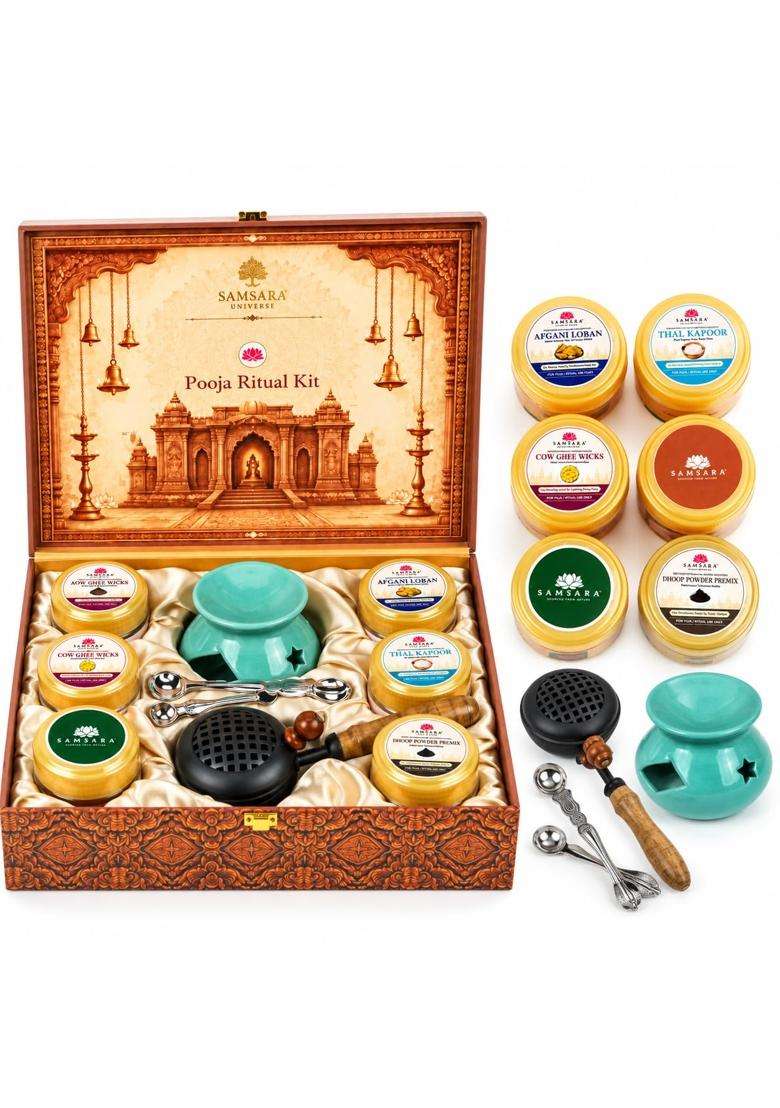 Samsara Multicolor Pooja Gift Hamper Puja Samagri Kit with Camphor Loban and Ghee - Indya