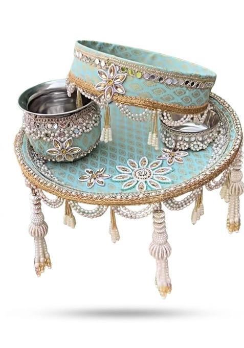 Meeras Collection Handcrafted Sky Blue Pearl and Kundan Karwa Chauth Thali Set