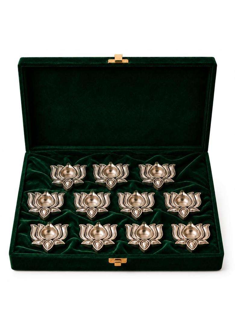 Dev Aastha 999 Pure Silver Plated Lotus Diyas for Pooja Set of 11 - Indya