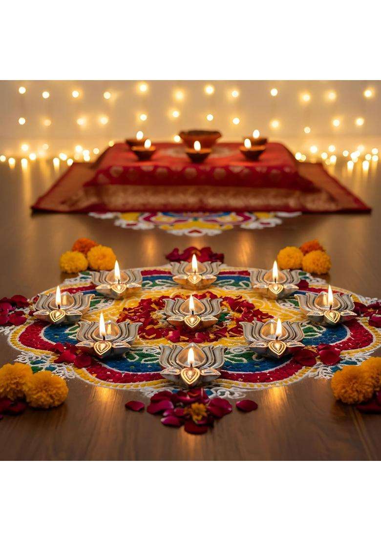 Dev Aastha 999 Pure Silver Plated Lotus Diyas for Pooja Set of 11 - Indya