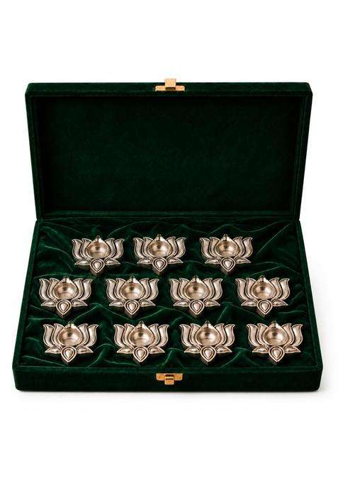 Dev Aastha 999 Pure Silver Plated Lotus Diyas for Pooja Set of 11