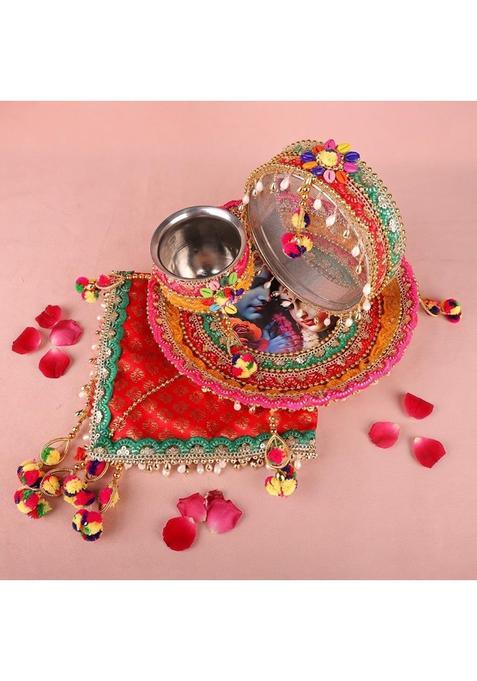 Satvik Red 11 Pcs Karwa Chauth Thali Set Embroidery Puja Kit with Channi Lota Diya Mehndi Bindi Roli Chawal