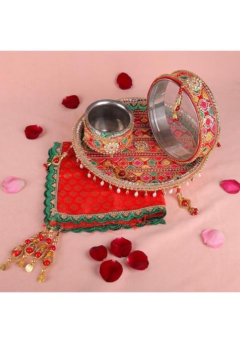 Satvik Red 11 Pcs Karwa Chauth Thali Set Embroidery Puja Kit with Channi Lota Diya Mehndi Bindi Roli Chawal