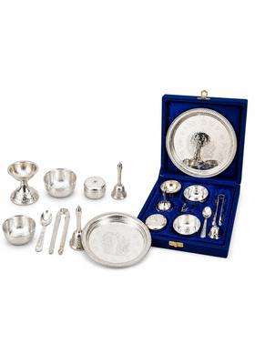 Shiv Home World Silver Plated Pooja Thali Set 9 Piece Complete Puja Kit with Thali Plate Diya