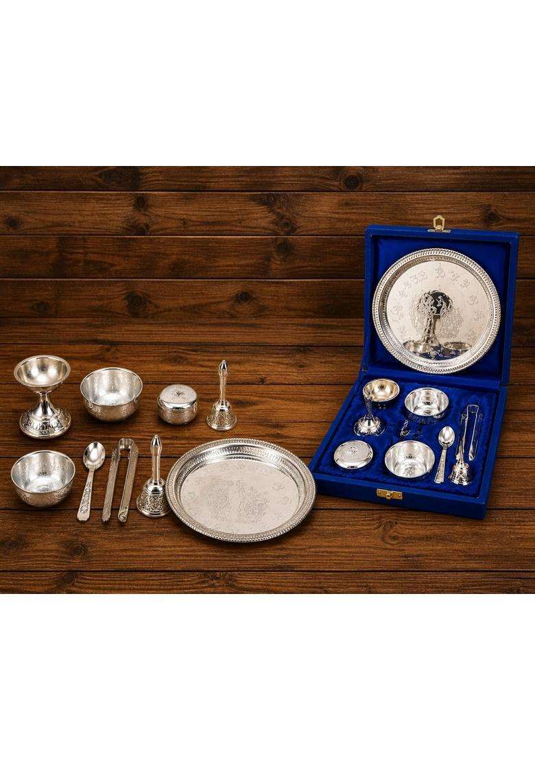 Shiv Home World Silver Plated Pooja Thali Set 9 Piece Complete Puja Kit with Thali Plate Diya - Indya