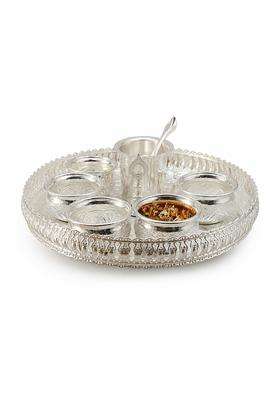 Sgr Handicrafts German Silver Pooja Thali Set with 5 Bowls 10 Pieces