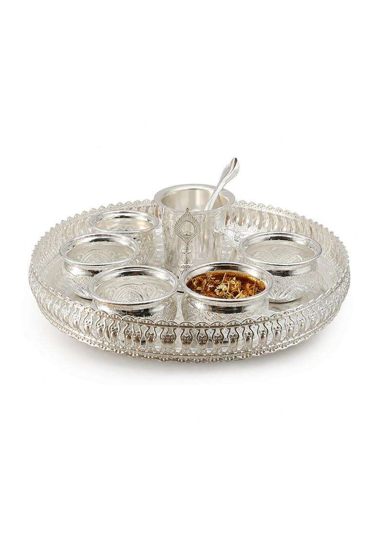 Sgr Handicrafts German Silver Pooja Thali Set with 5 Bowls 10 Pieces - Indya