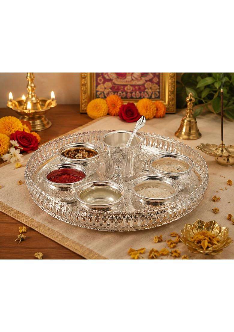 Sgr Handicrafts German Silver Pooja Thali Set with 5 Bowls 10 Pieces - Indya