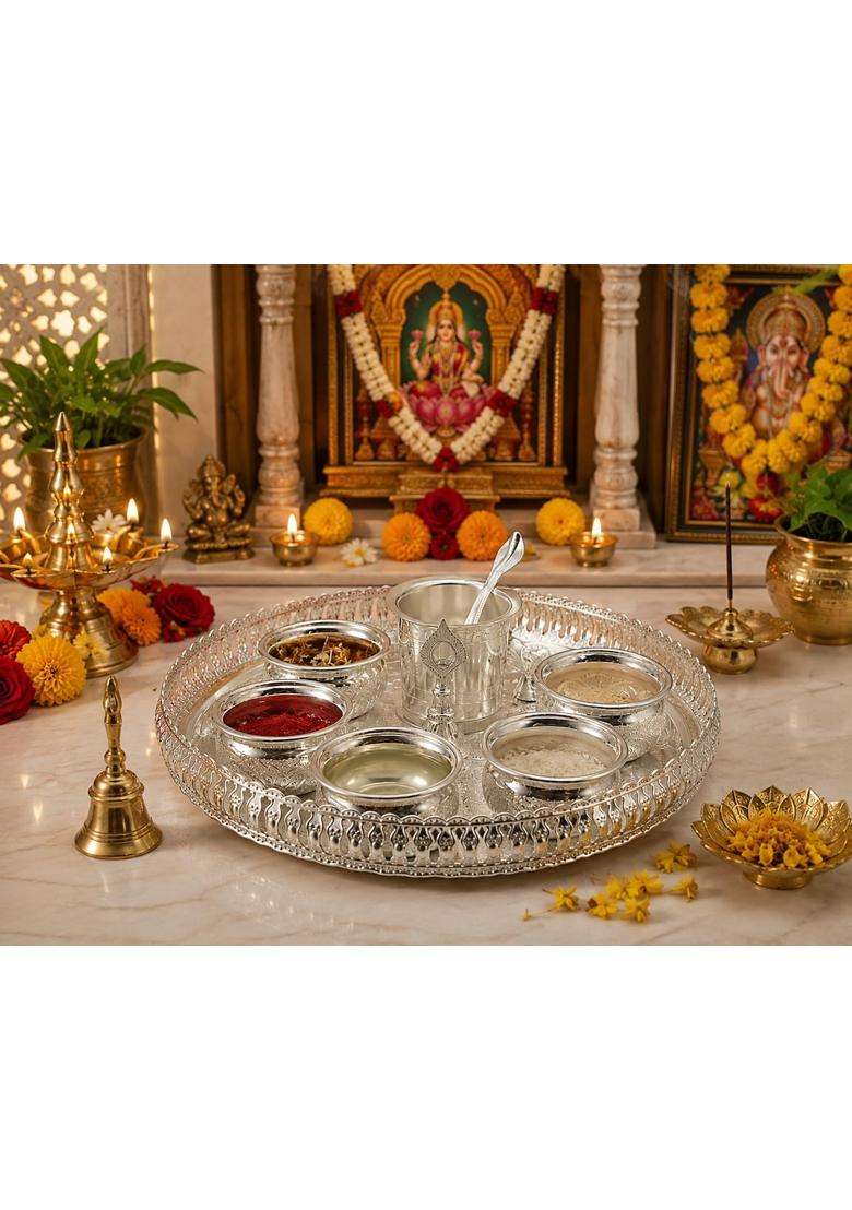 Sgr Handicrafts German Silver Pooja Thali Set with 5 Bowls 10 Pieces - Indya