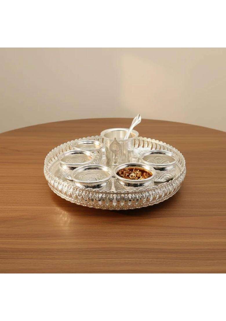 Sgr Handicrafts German Silver Pooja Thali Set with 5 Bowls 10 Pieces - Indya