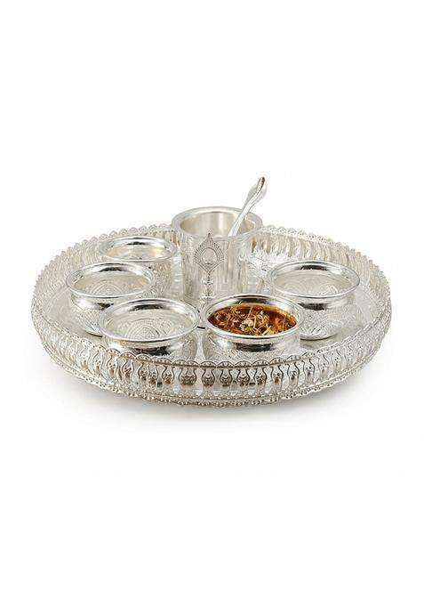 Sgr Handicrafts German Silver Pooja Thali Set with 5 Bowls 10 Pieces