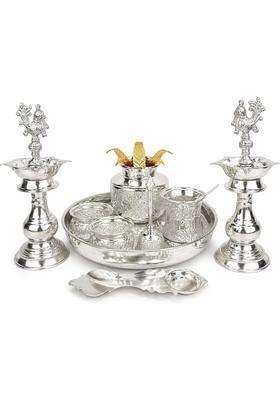 Sgr Handicrafts German Silver 9 Piece Pooja Set with Thali Kalash and Peacock Diyas