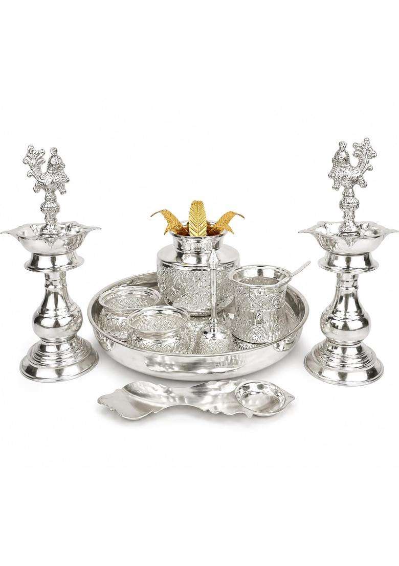 Sgr Handicrafts German Silver 9 Piece Pooja Set with Thali Kalash and Peacock Diyas - Indya