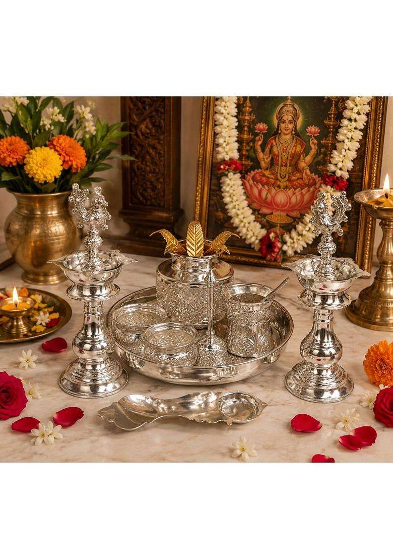 Sgr Handicrafts German Silver 9 Piece Pooja Set with Thali Kalash and Peacock Diyas - Indya