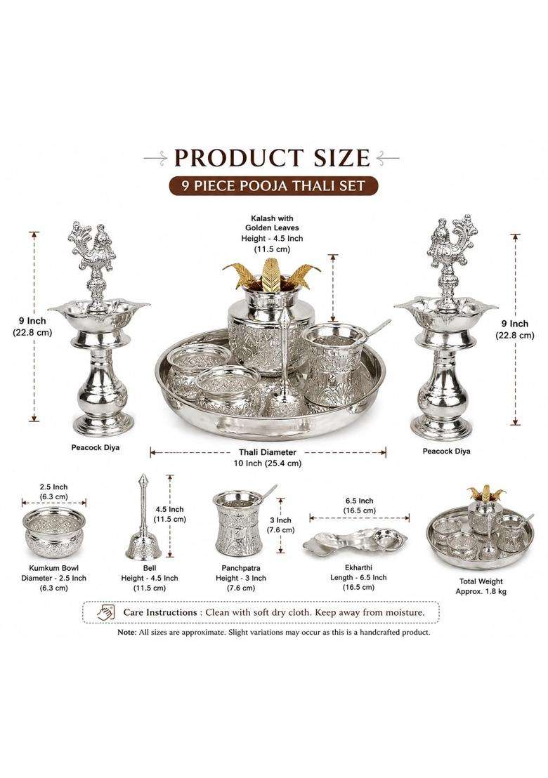Sgr Handicrafts German Silver 9 Piece Pooja Set with Thali Kalash and Peacock Diyas - Indya