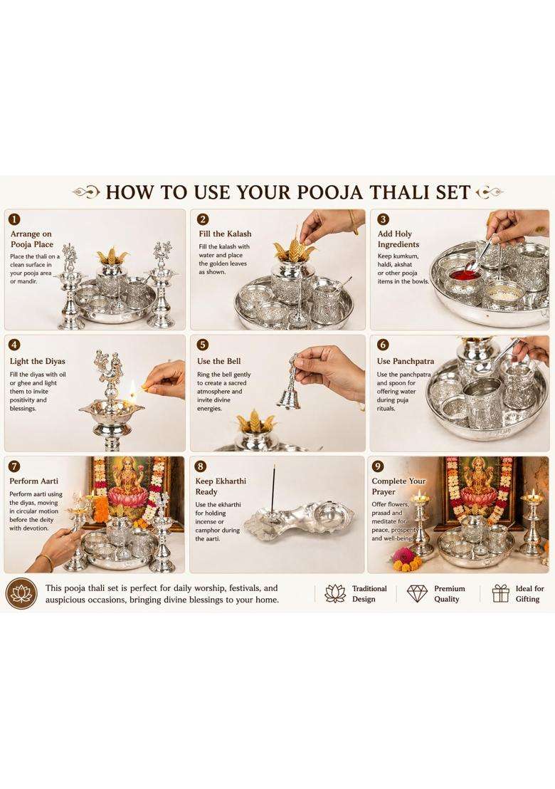 Sgr Handicrafts German Silver 9 Piece Pooja Set with Thali Kalash and Peacock Diyas - Indya