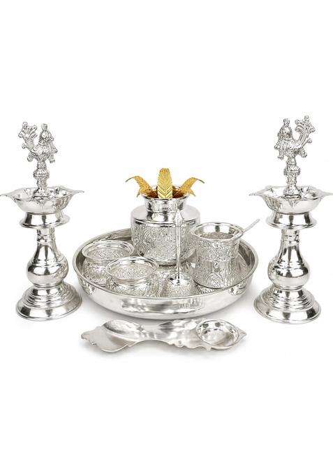 Sgr Handicrafts German Silver 9 Piece Pooja Set with Thali Kalash and Peacock Diyas