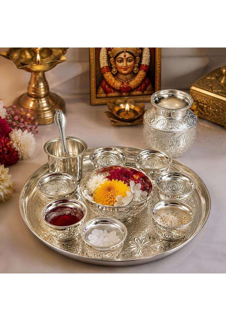 Sgr Handicrafts German Silver Pooja Thali Set 11 Pieces - Indya