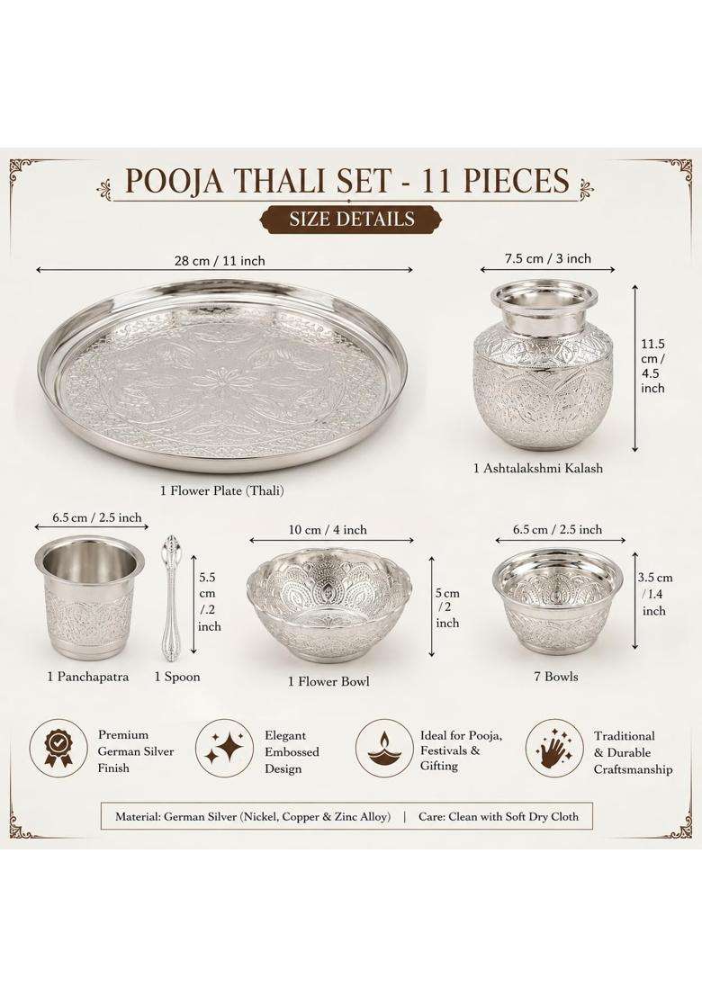 Sgr Handicrafts German Silver Pooja Thali Set 11 Pieces - Indya