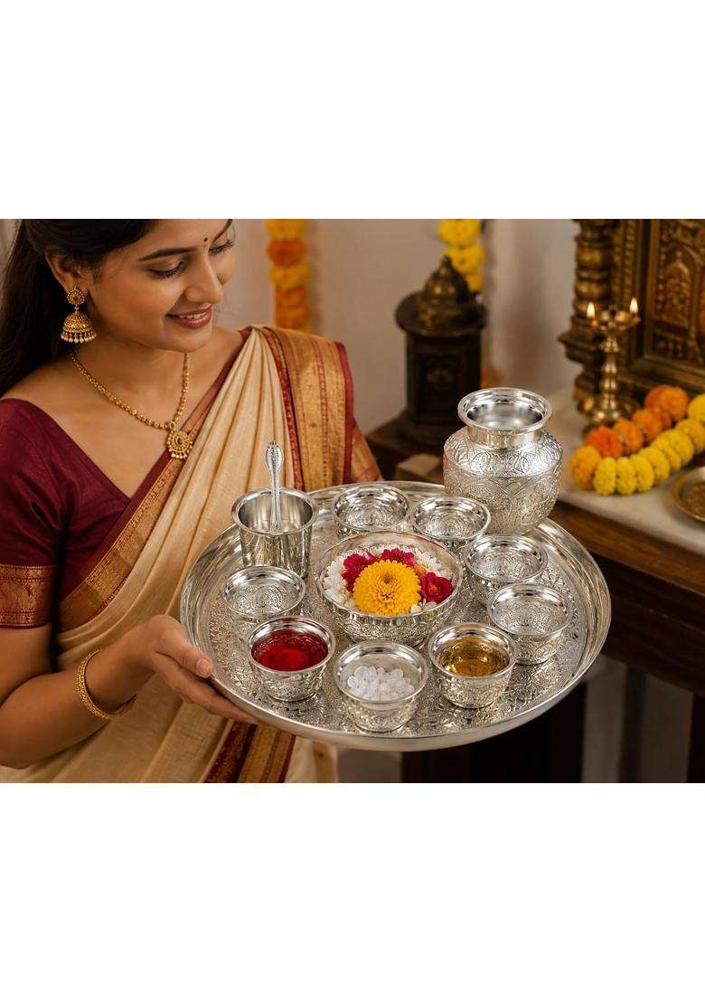 Sgr Handicrafts German Silver Pooja Thali Set 11 Pieces - Indya