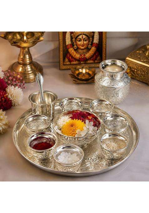 Sgr Handicrafts German Silver Pooja Thali Set 11 Pieces
