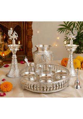 Sgr Handicrafts German Silver Pooja Thali Set 11 Pieces with Decorative Tray