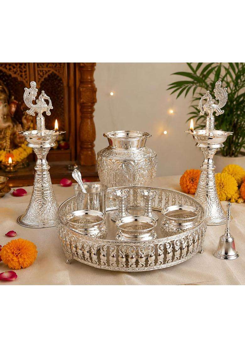 Sgr Handicrafts German Silver Pooja Thali Set 11 Pieces with Decorative Tray - Indya