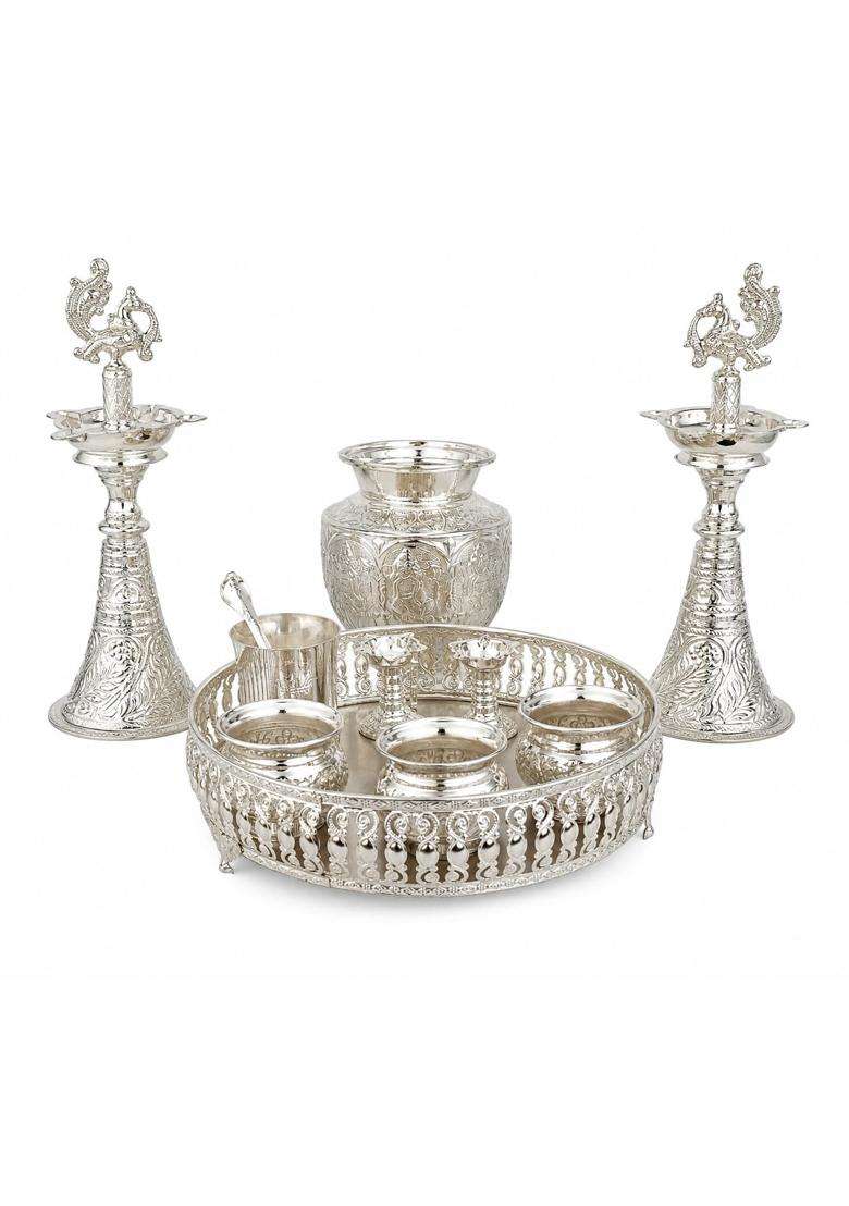 Sgr Handicrafts German Silver Pooja Thali Set 11 Pieces with Decorative Tray - Indya