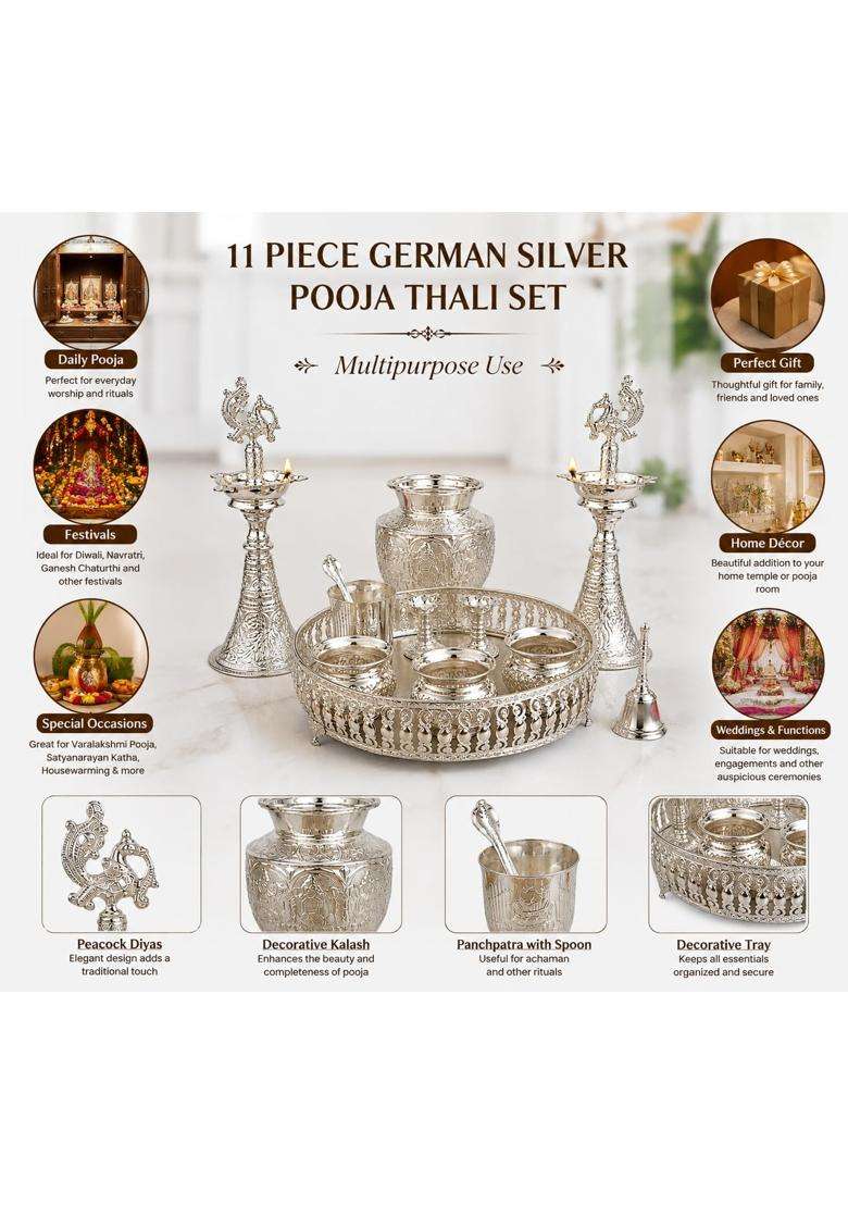 Sgr Handicrafts German Silver Pooja Thali Set 11 Pieces with Decorative Tray - Indya