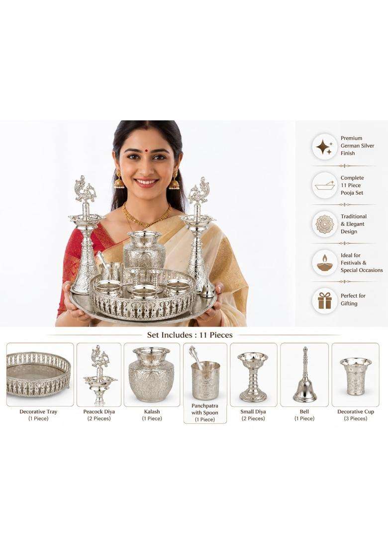 Sgr Handicrafts German Silver Pooja Thali Set 11 Pieces with Decorative Tray - Indya