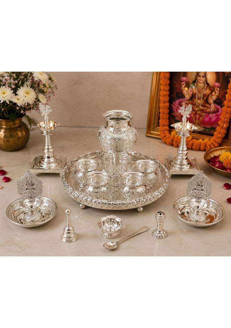 Sgr Handicrafts German Silver Pooja Thali Set 15 Pieces - Indya