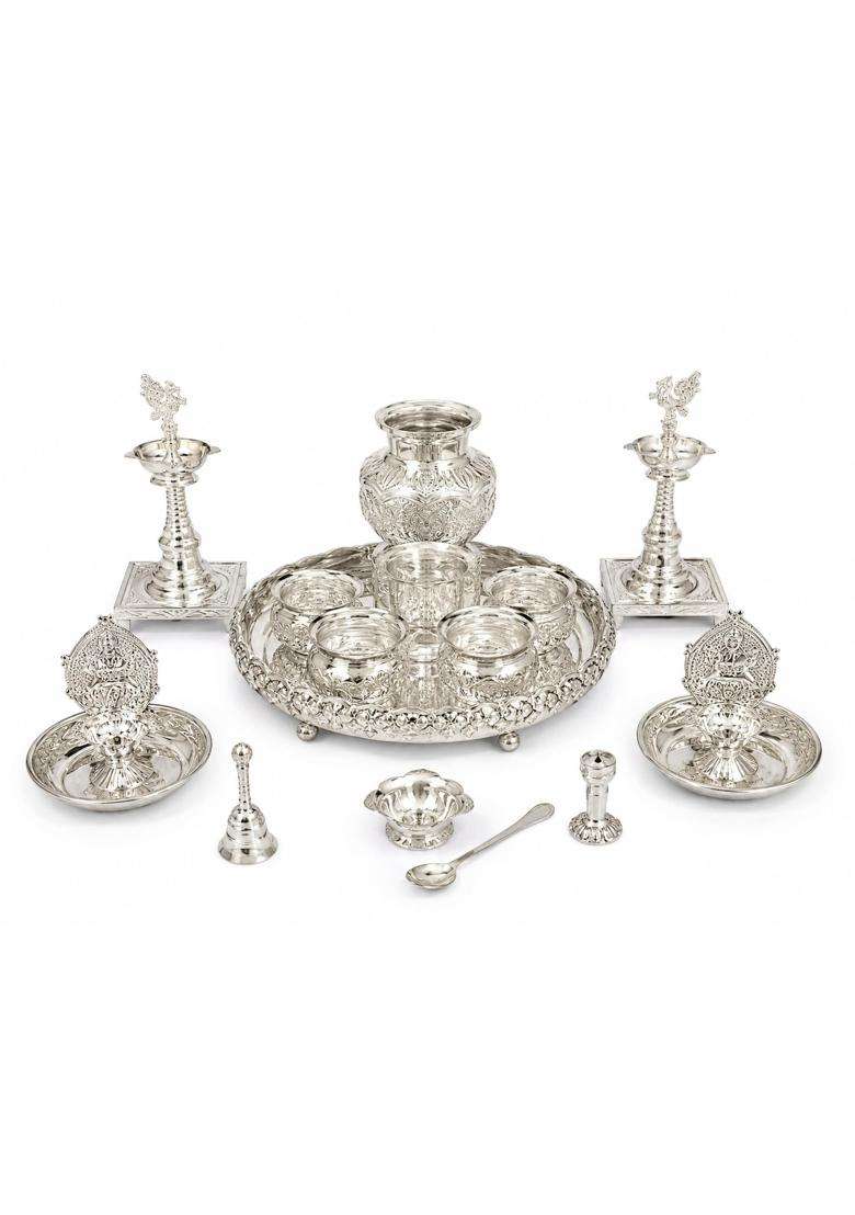 Sgr Handicrafts German Silver Pooja Thali Set 15 Pieces - Indya
