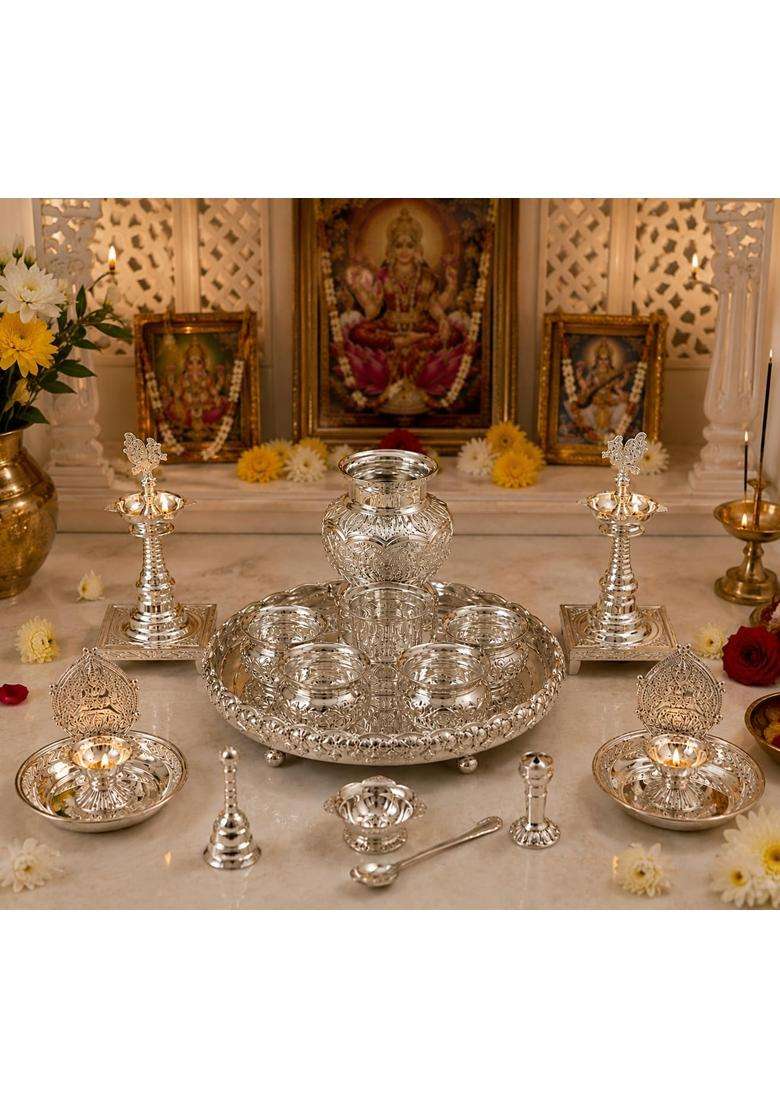 Sgr Handicrafts German Silver Pooja Thali Set 15 Pieces - Indya